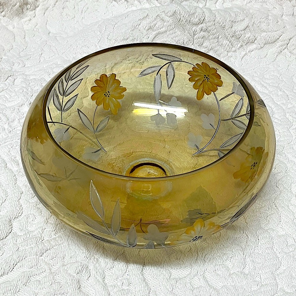 Vintage MCM blown glass round vase or bowl, amber colour, hand painted flowers